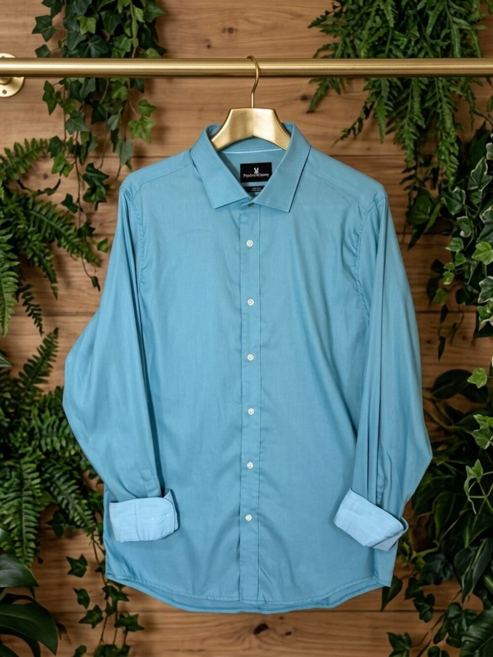 Psycho Bunny 17-34/35 Modern Fit Stretch Teal Button Down Dress Shirt Flip Cuff